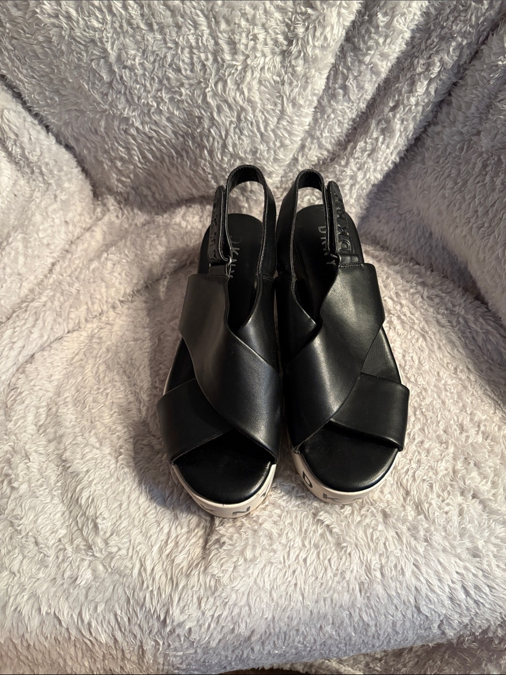 DKNY Black Crisscross Slingback Wedge Sandals